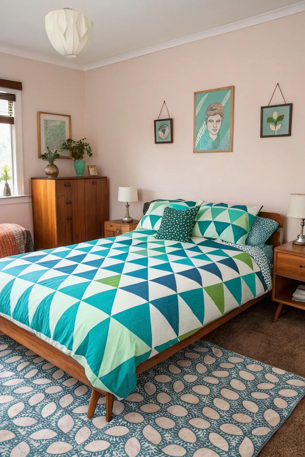 A vibrant mid-century modern bedroom showcasing bedding with bold geometric patterns.