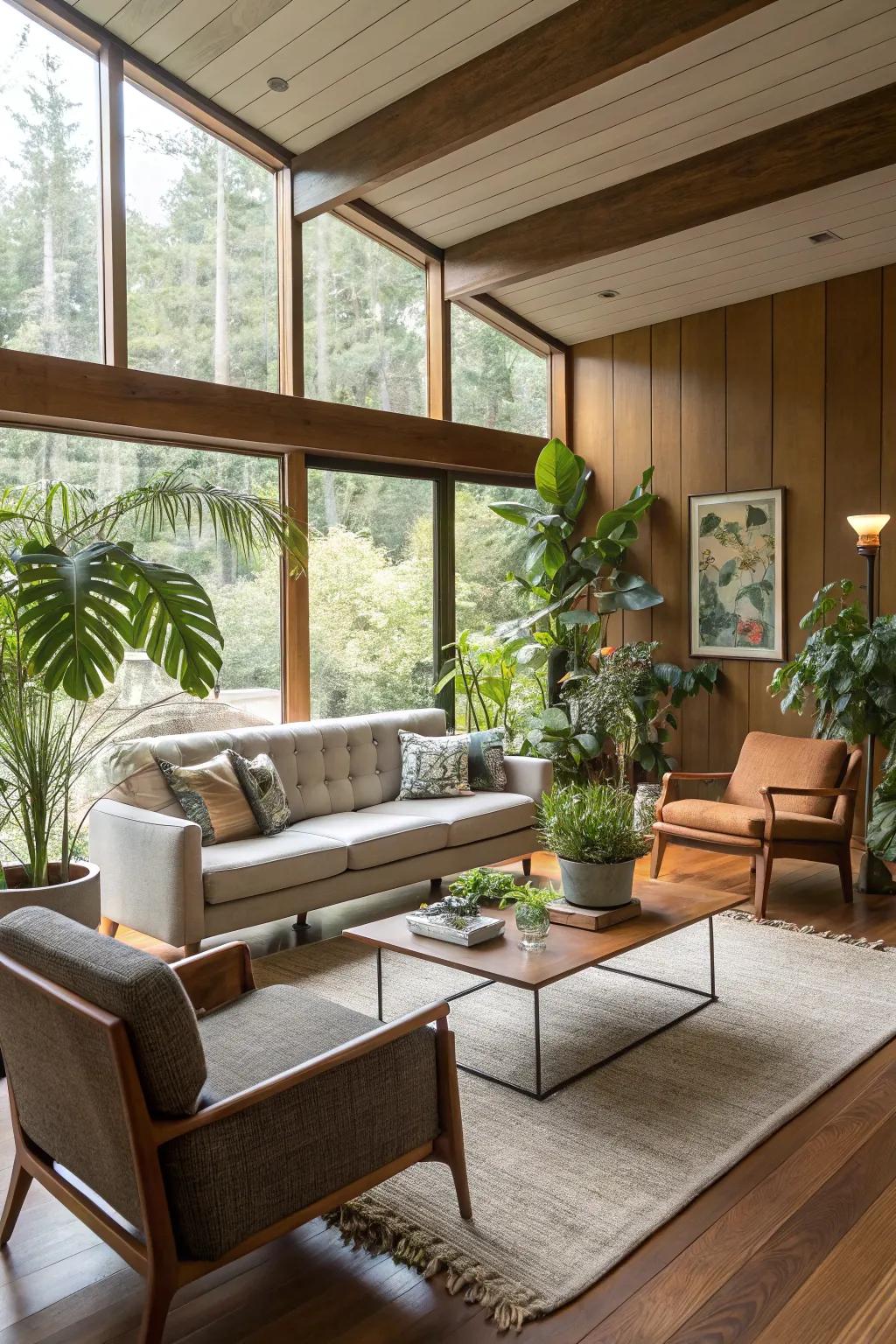 Houseplants bring life and color to this mid-century modern living space.