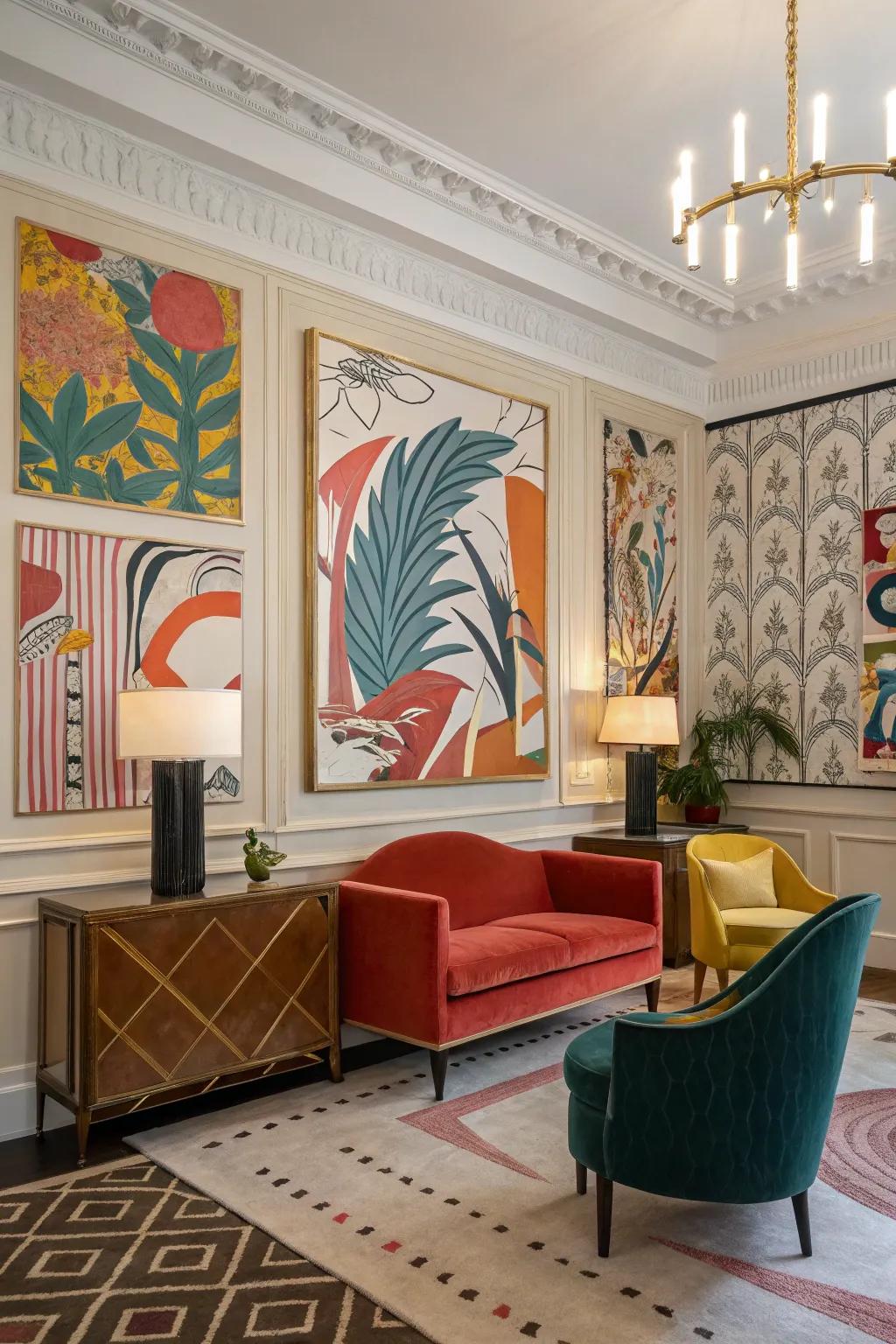Elegant space with abstract art mid-century wallcovering.