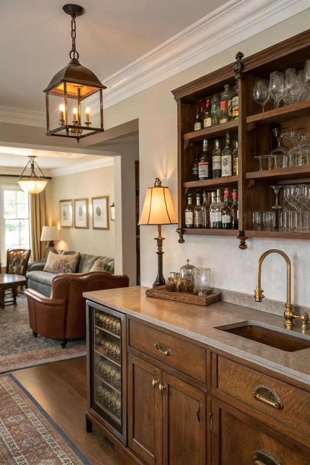 Vintage decor introduces class and nostalgia to a home bar.