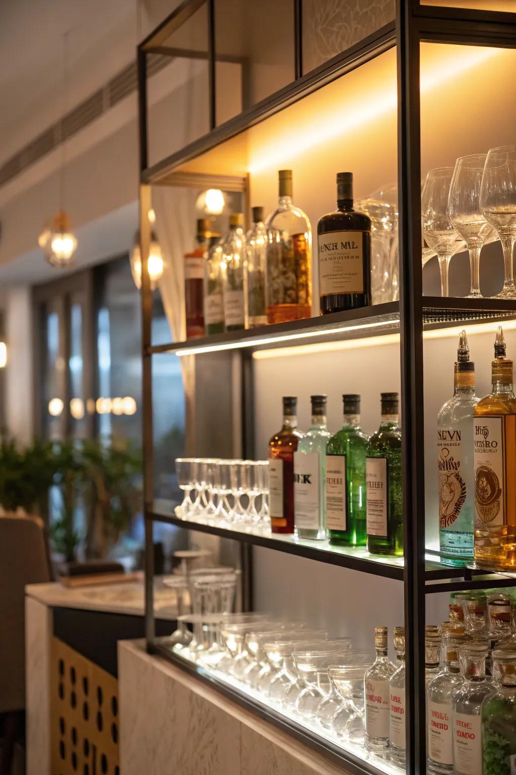 Open shelf lighting transforms bottles into works of art.