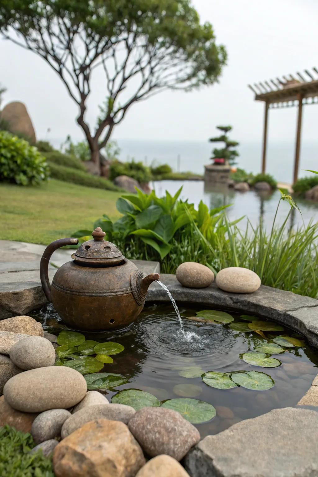 A charming decorative water show adds fun to a mini pond.