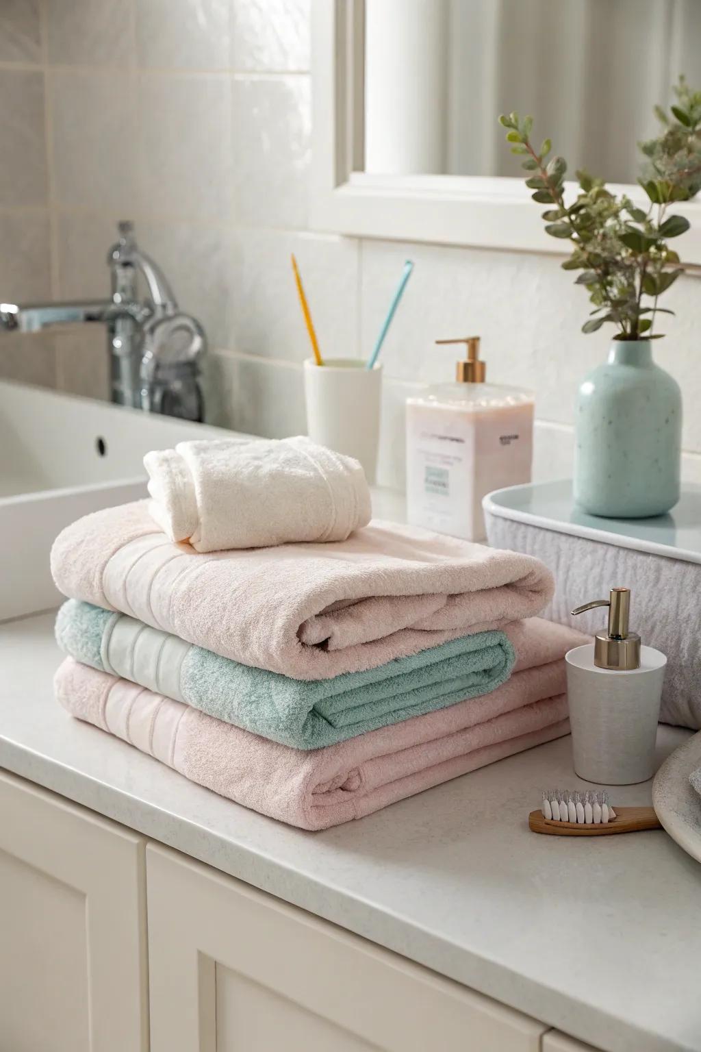 A splash of pastel delivers a cheerful accent to the bathroom.