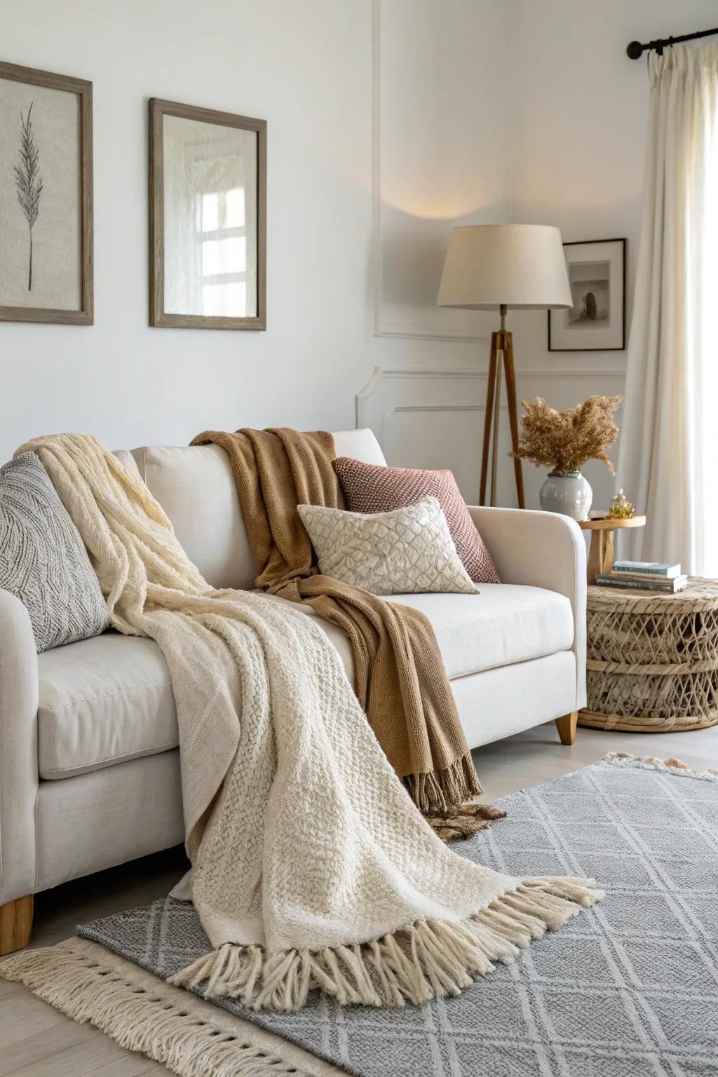 Comfortable details contribute warmth and ease to minimalist living spaces.