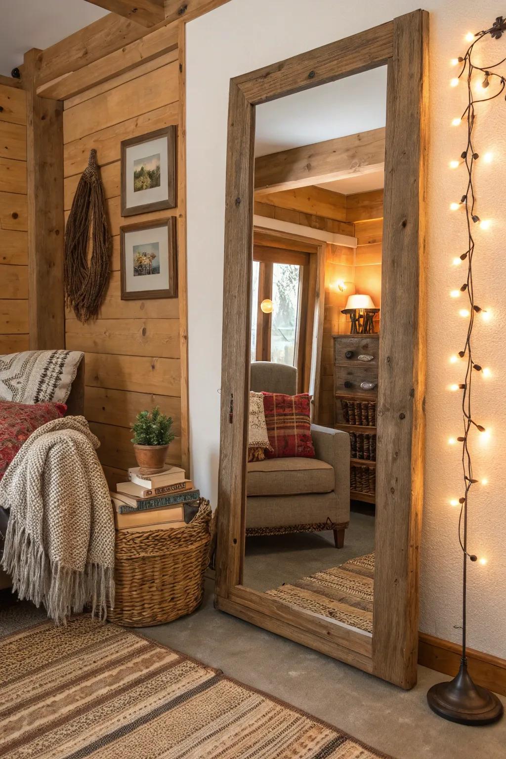 A rustic lumber frame mirror enhances a cozy cottage-style living room.