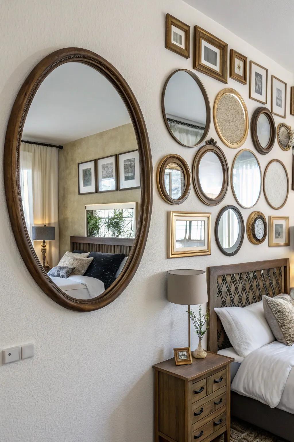 A gallery wall of mirrors enlivens the room and reflects light exquisitely.