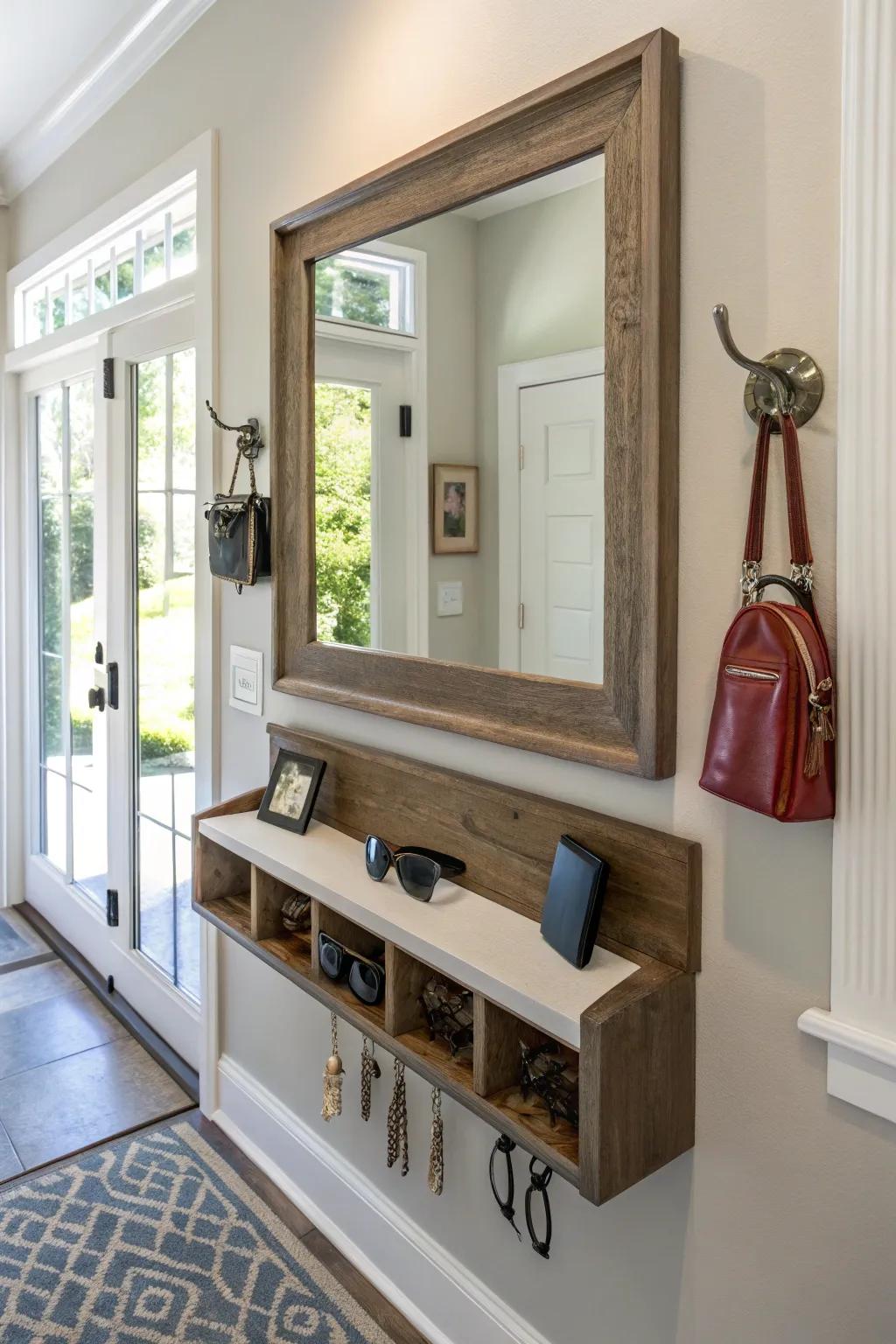 A convenient entryway mirror integrating a key holder crafted for effortless access.