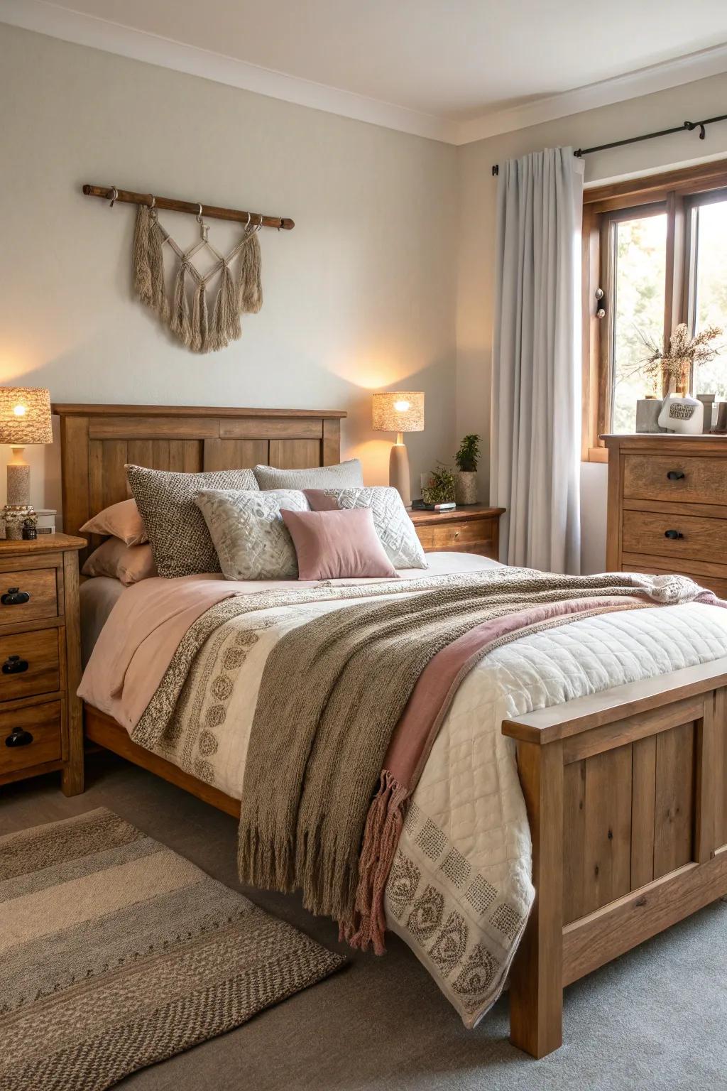 Multi-layered bedding enhances warmth and comfort.