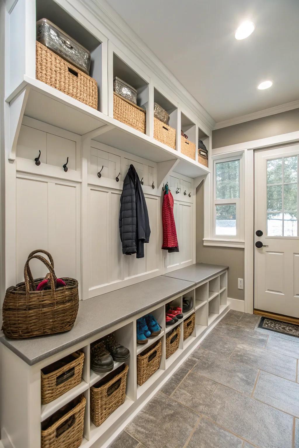 A practical boot room featuring stowing seats and overcoat hooks, aiding in keeping the home orderly.