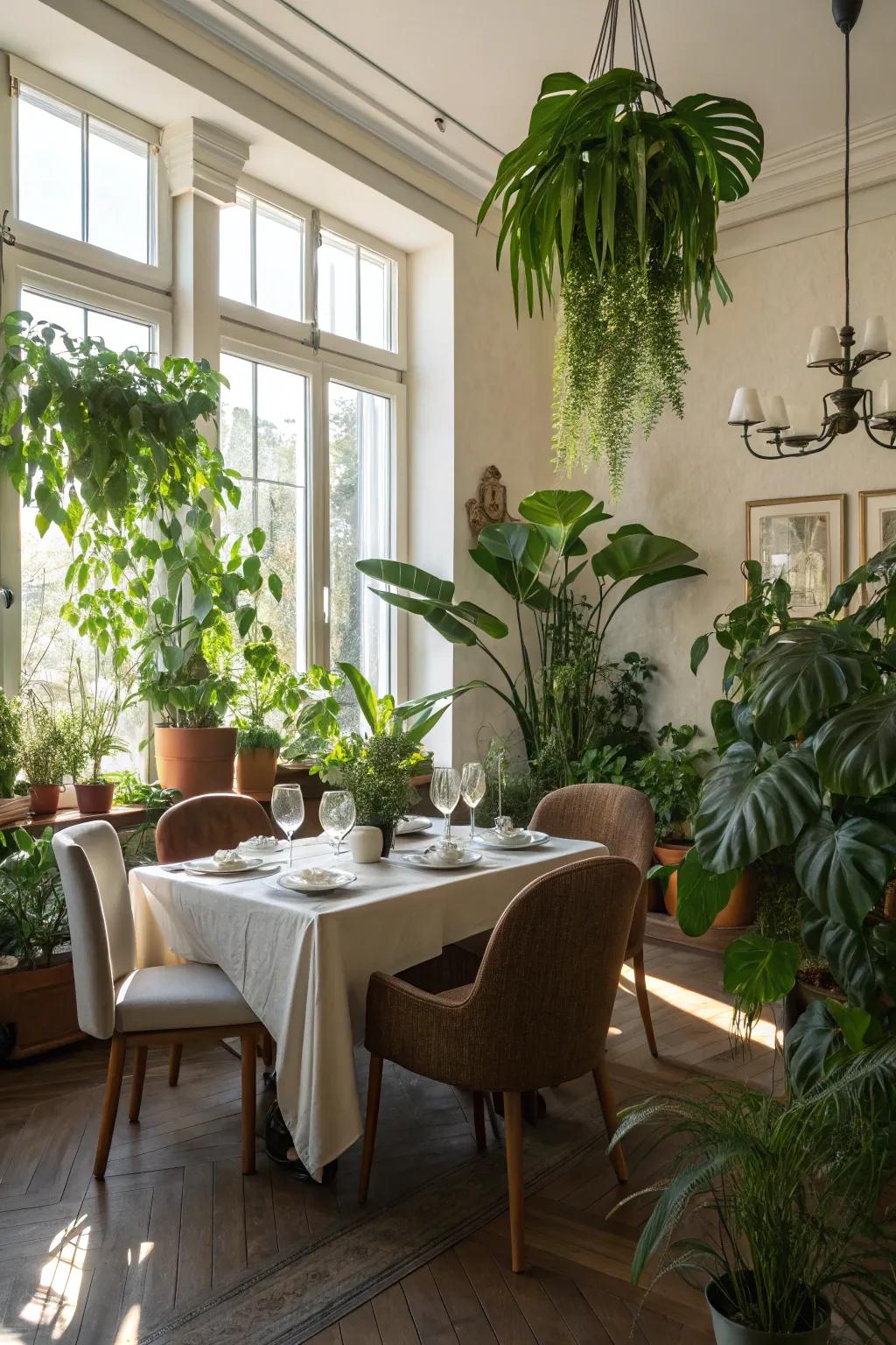 Natural beauty from indoor plants can enliven your dining area.