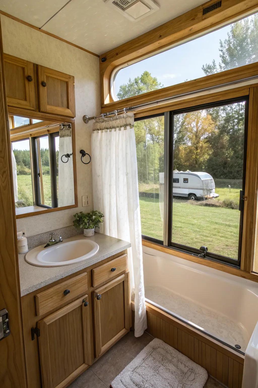 Inherent illumination inundates this bathroom, engendering a brighter and more inviting expanse.