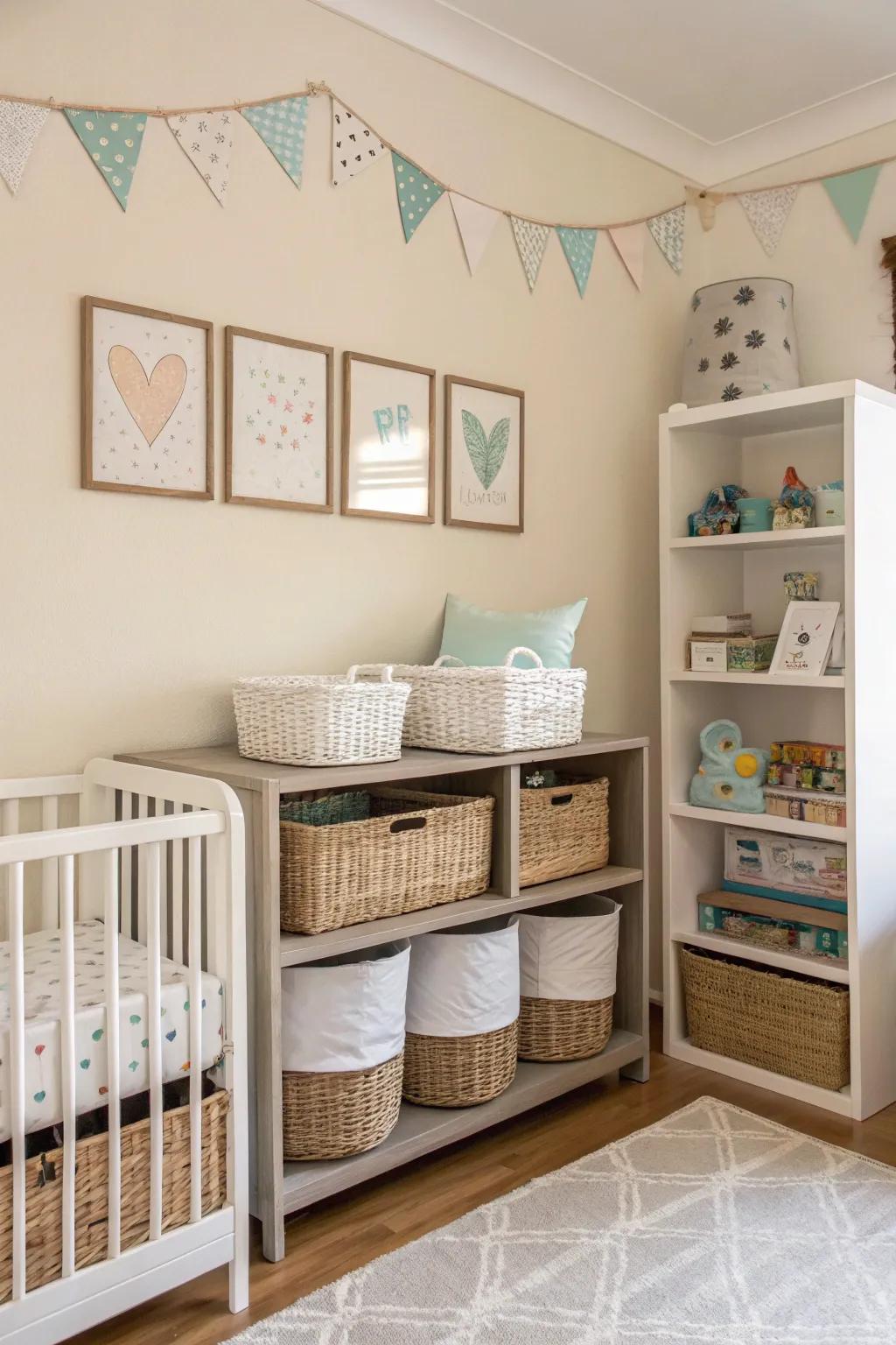 Practical storage keeps the room neat and organized.