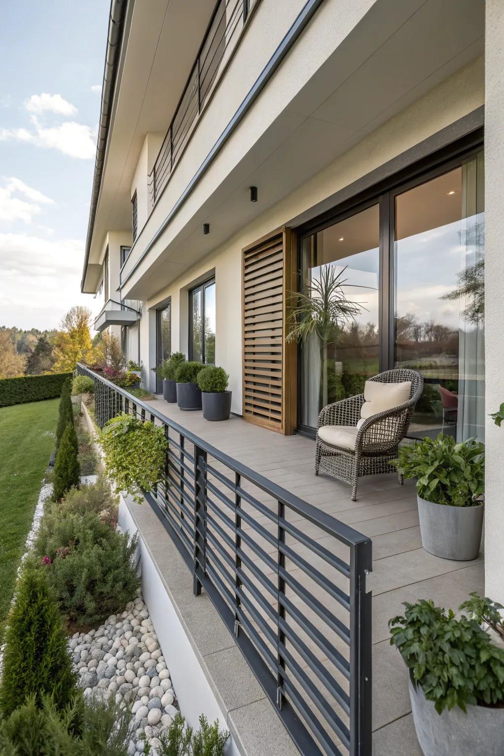 Balcony with horizontal slat border against a contemporary home facade