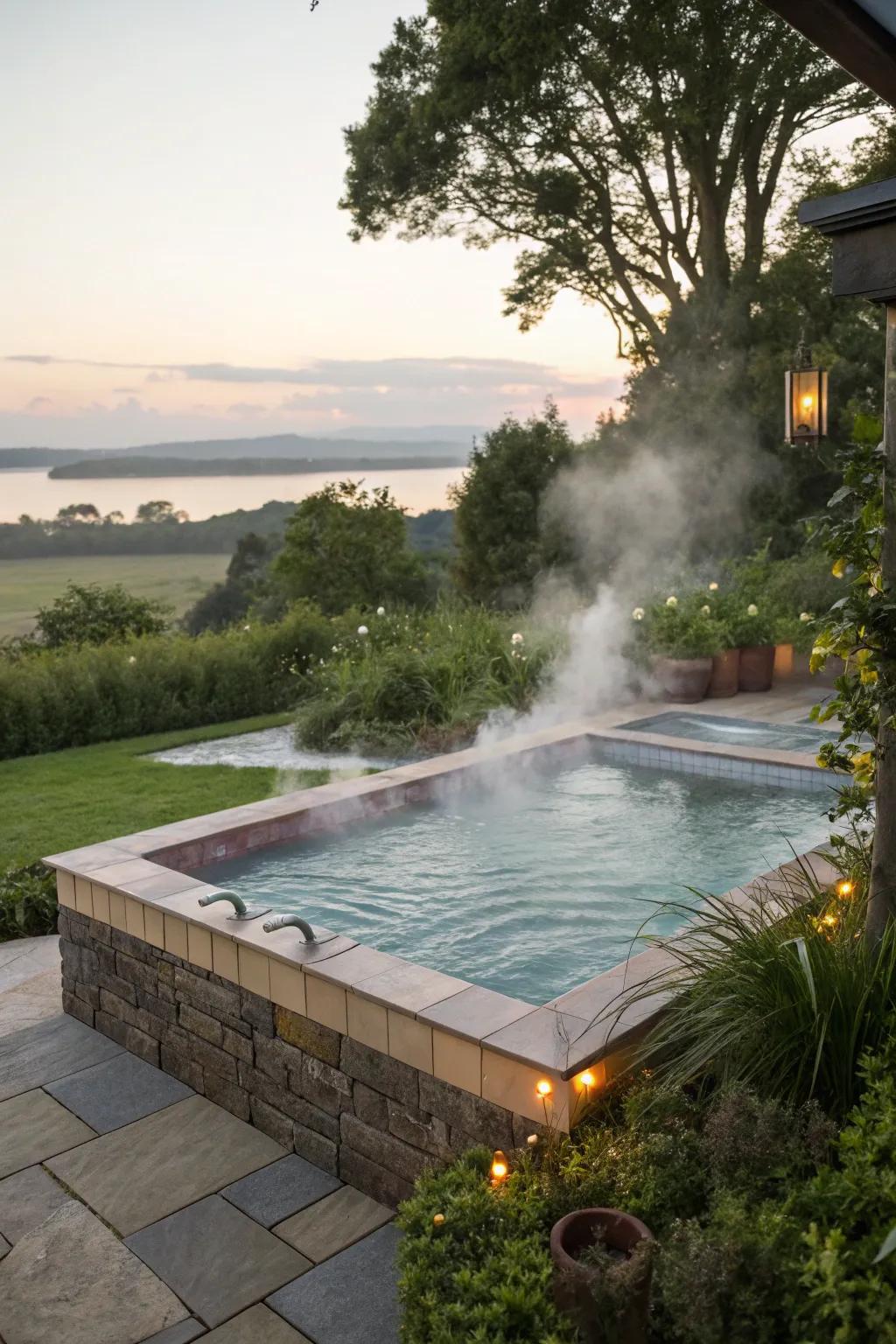 An assimilated hot tub offers warmth and relaxation.