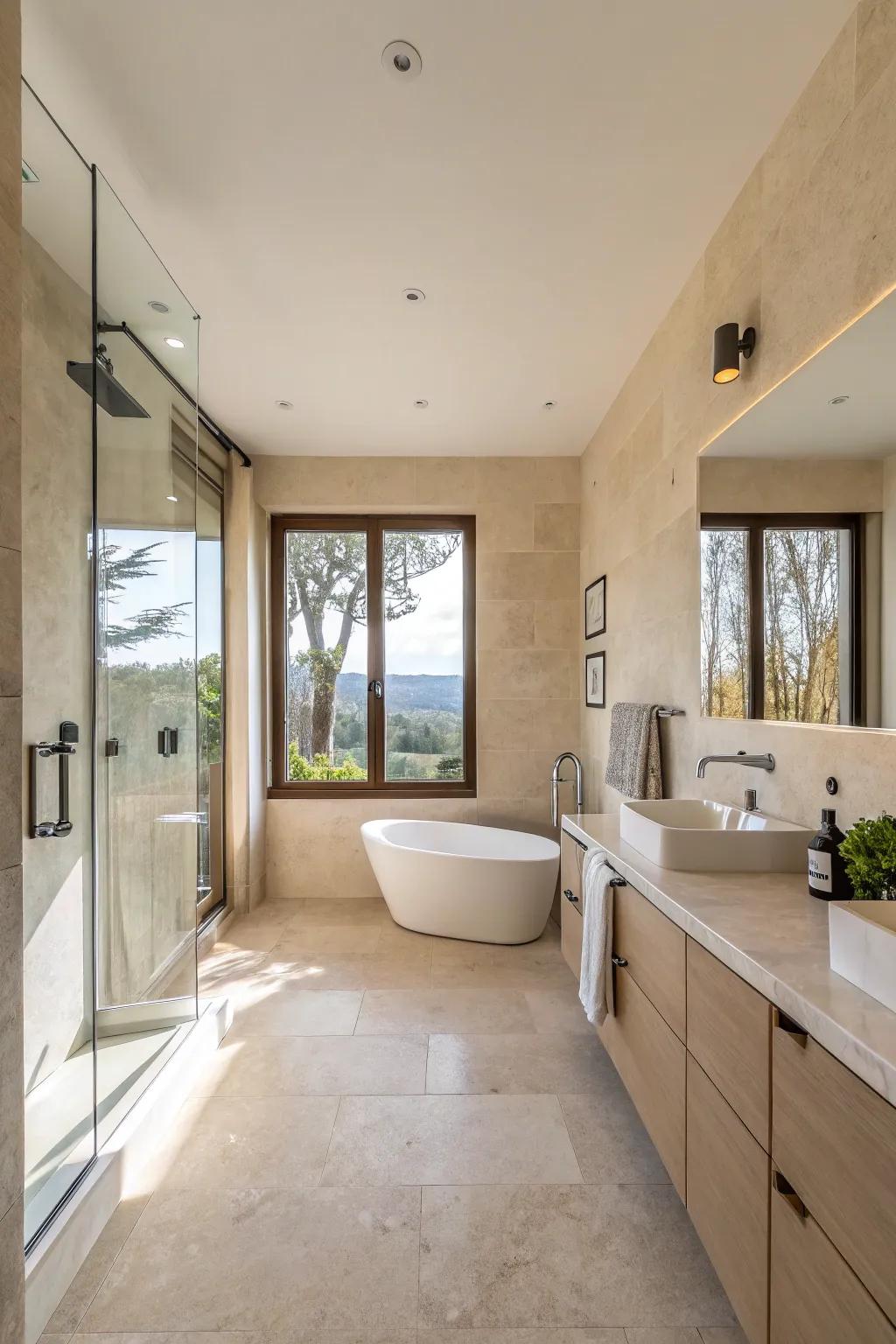 Open layouts enhance the modern appeal of beige bathrooms.