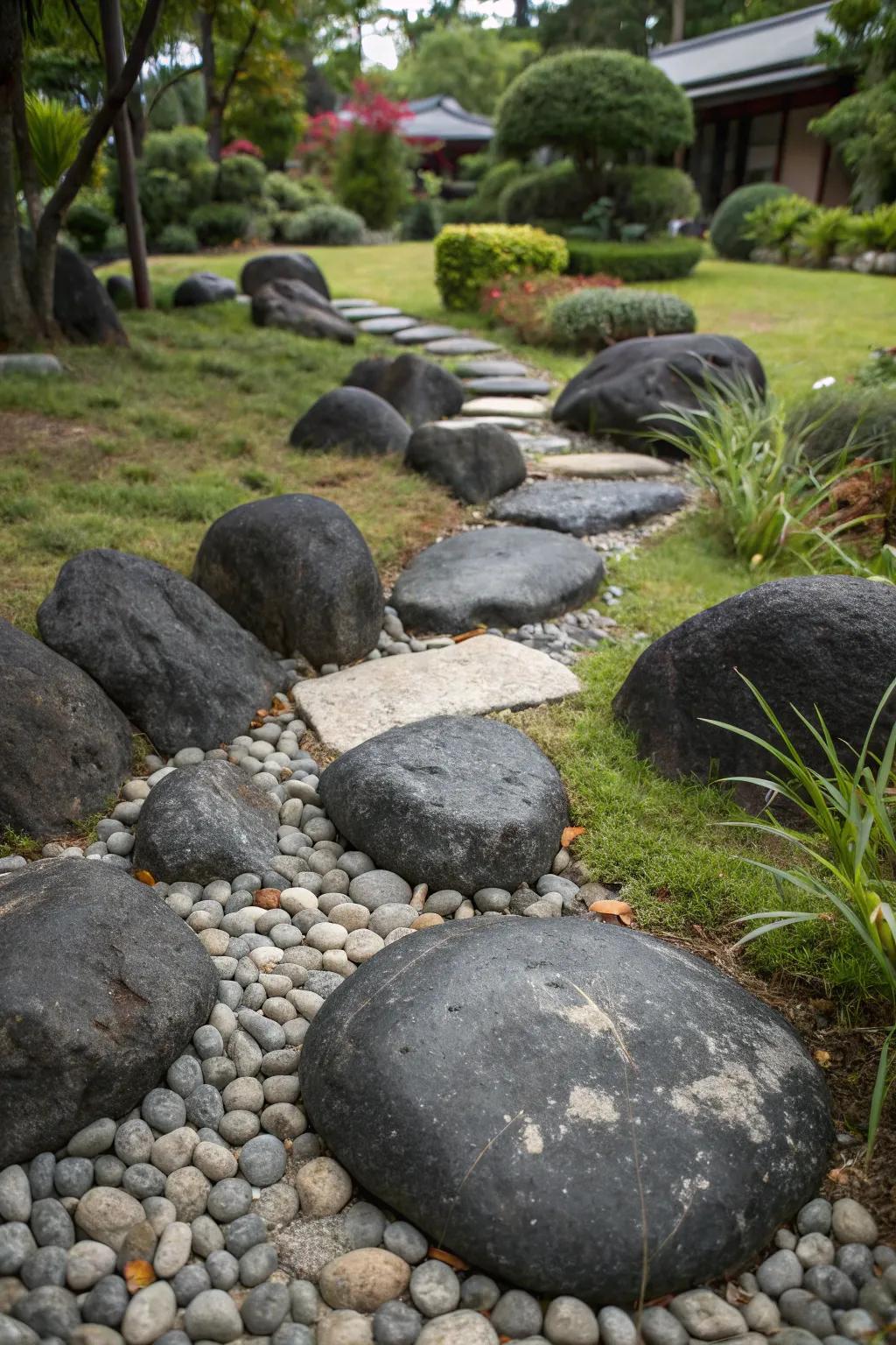 Dark stones of varying sizes creating a textured garden surface.