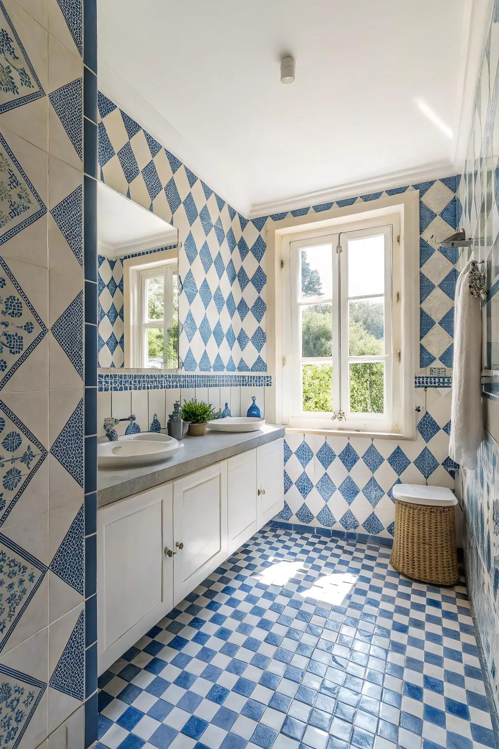 Azure and white designs bring a timeless and fresh aesthetic to this sophisticated washroom.