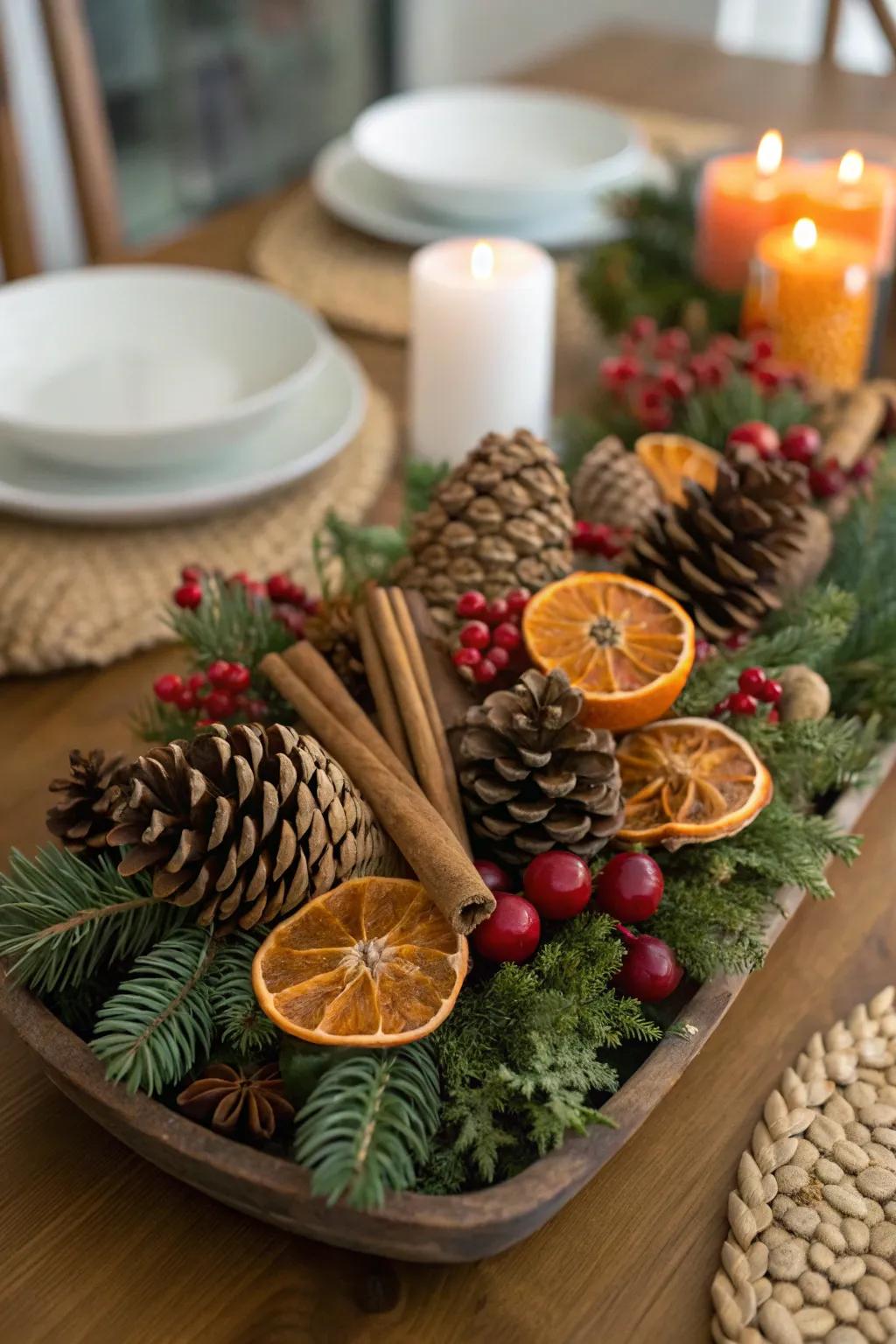 A rustic centerpiece employing pinecones and desiccated fruits for Christmas.
