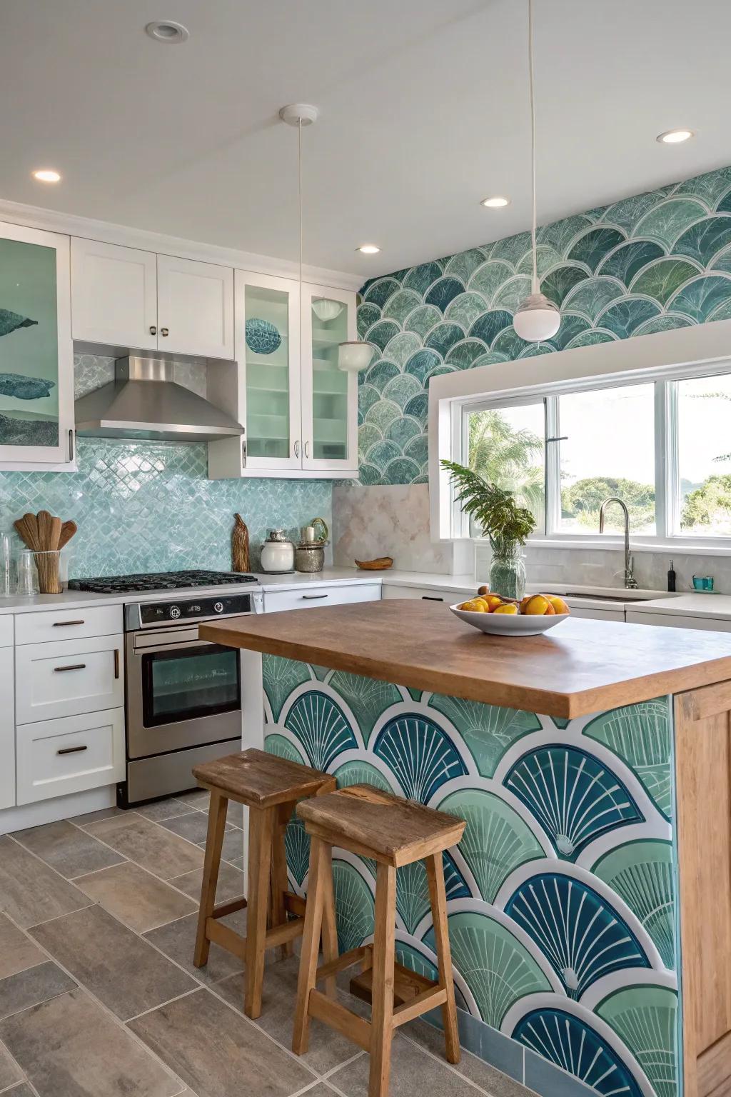 An ocean-inspired backdrop furnishes a staggering central attraction.