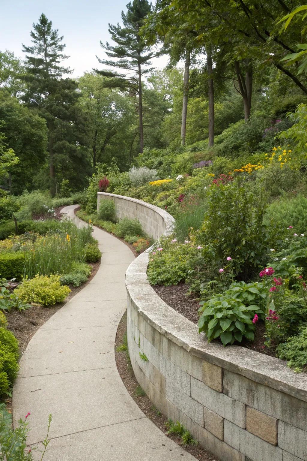 Curvilinear concrete wall for a gentle and inviting garden scheme.