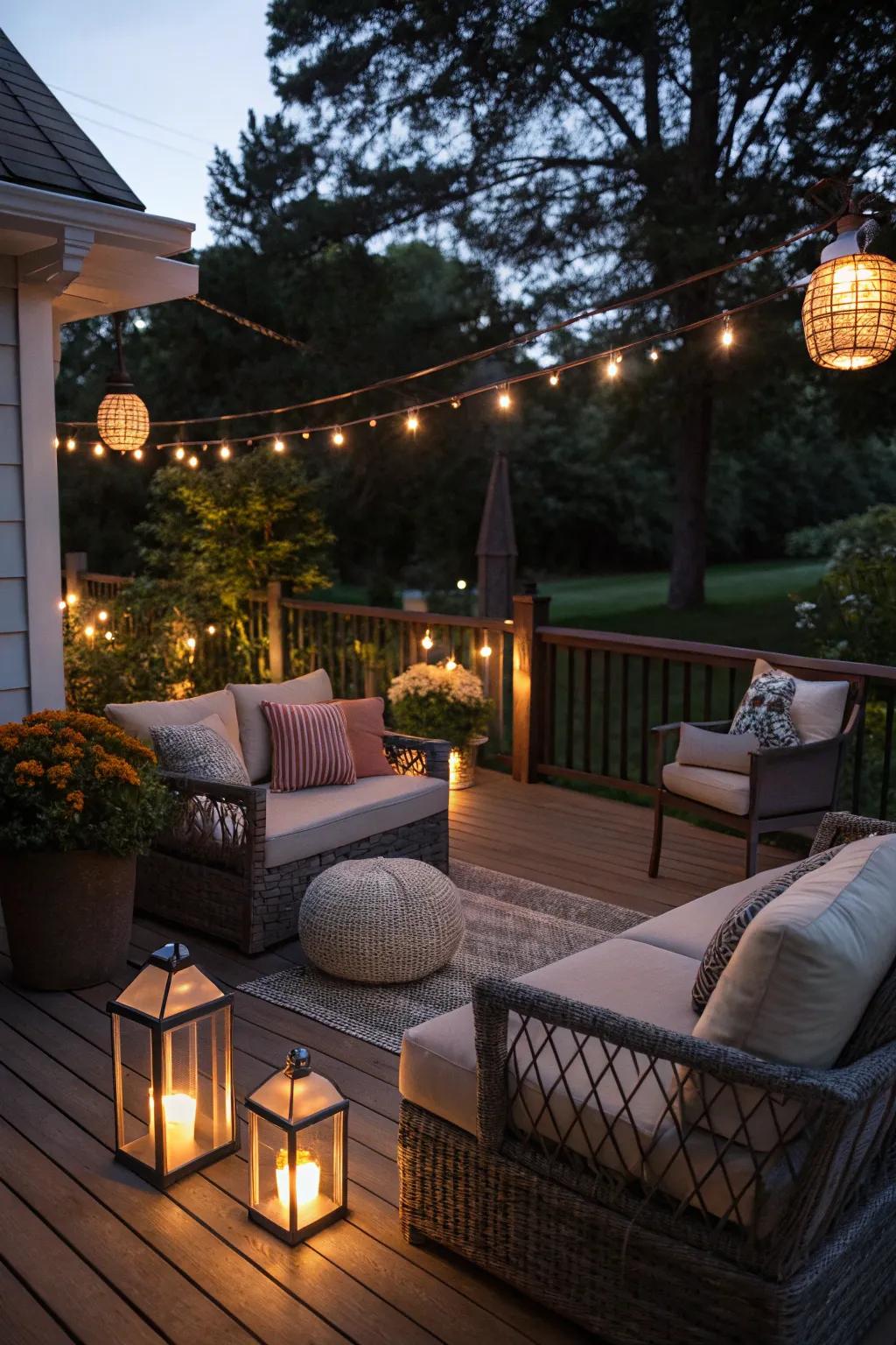 A deck lit up for evenings that are cozy and welcoming.