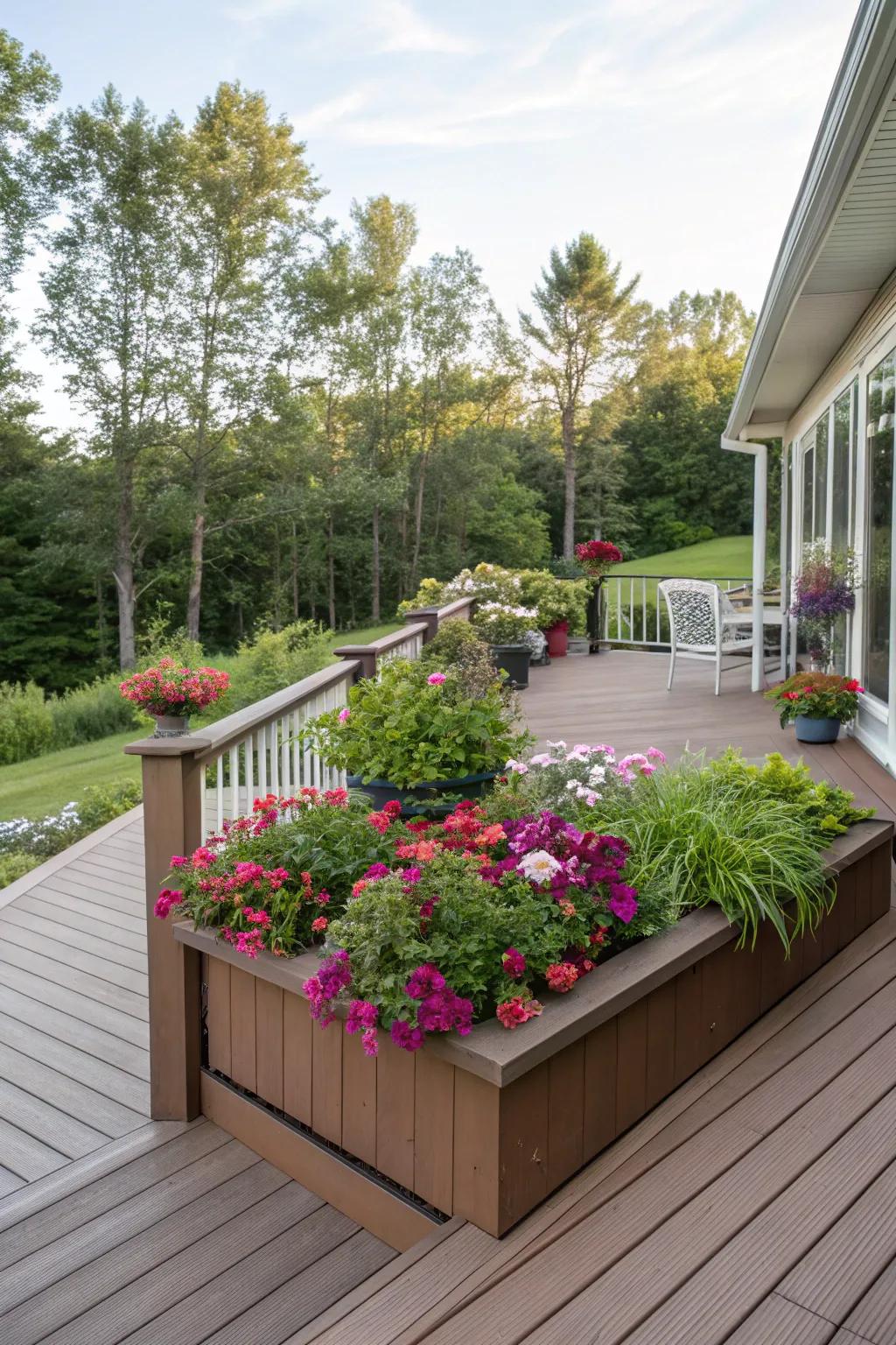 Raised flower beds introduce eco-friendly flair to deck skirtings.