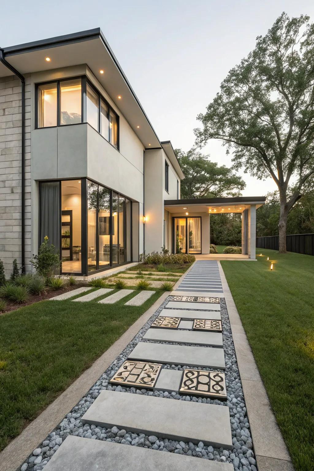 An artistic pathway enhances the journey to the entry.