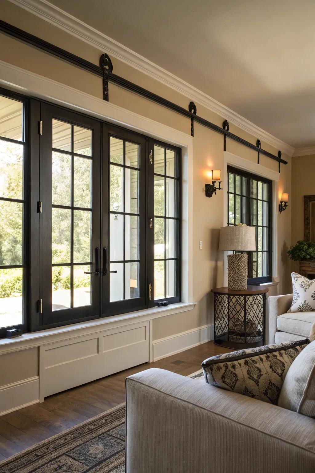 Dark hues deliver striking contrast in this modern farmhouse interior.