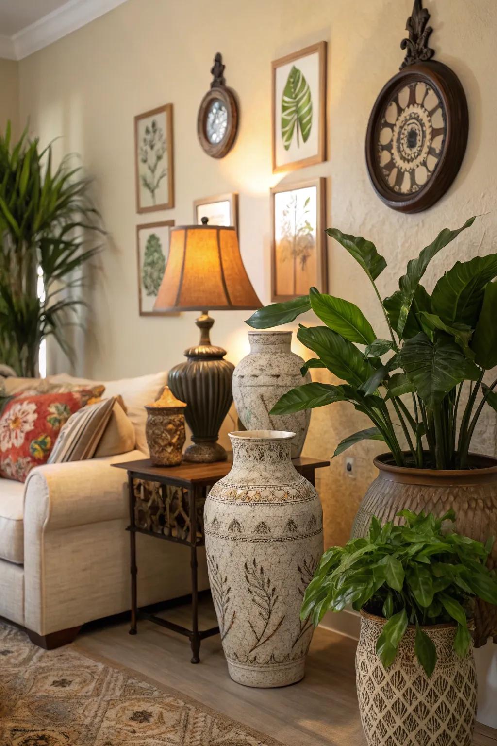 Ornamental accents contribute a personal touch to the modern farmhouse lounge.