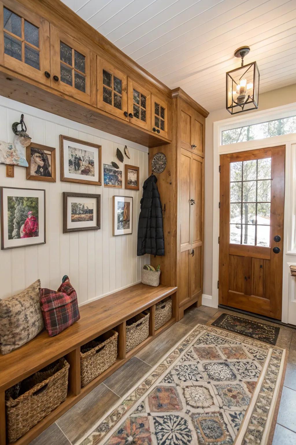 Individualized mudroom showcasing family portraits and artistic creations.