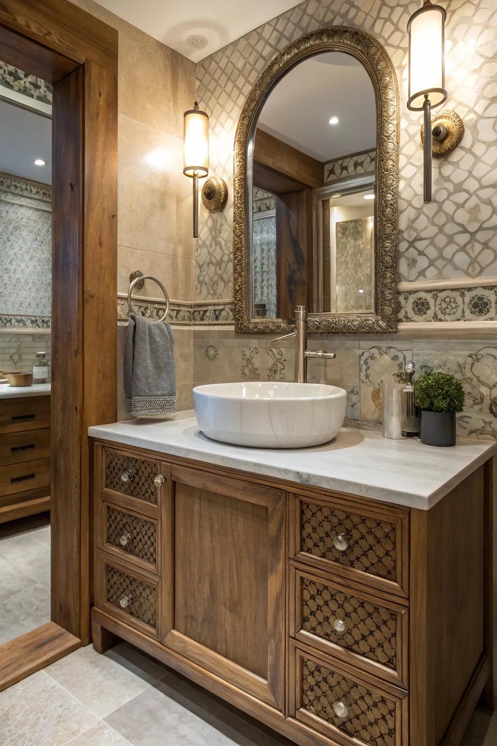 A mix of wood, metal, and porcelain feels in a washroom.