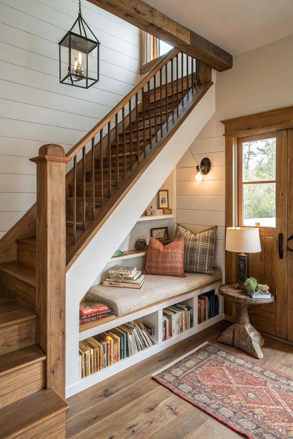 A cozy reading nook nestled beneath a staircase, maximizing space and comfort.