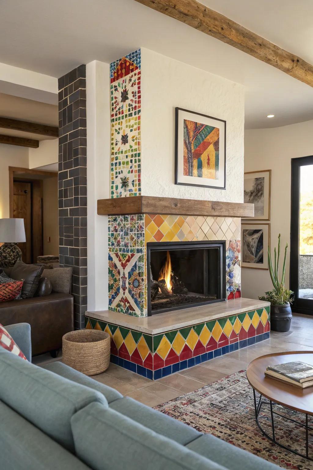 A firebox with a tile surrounding, adding an artistic flair to the room.