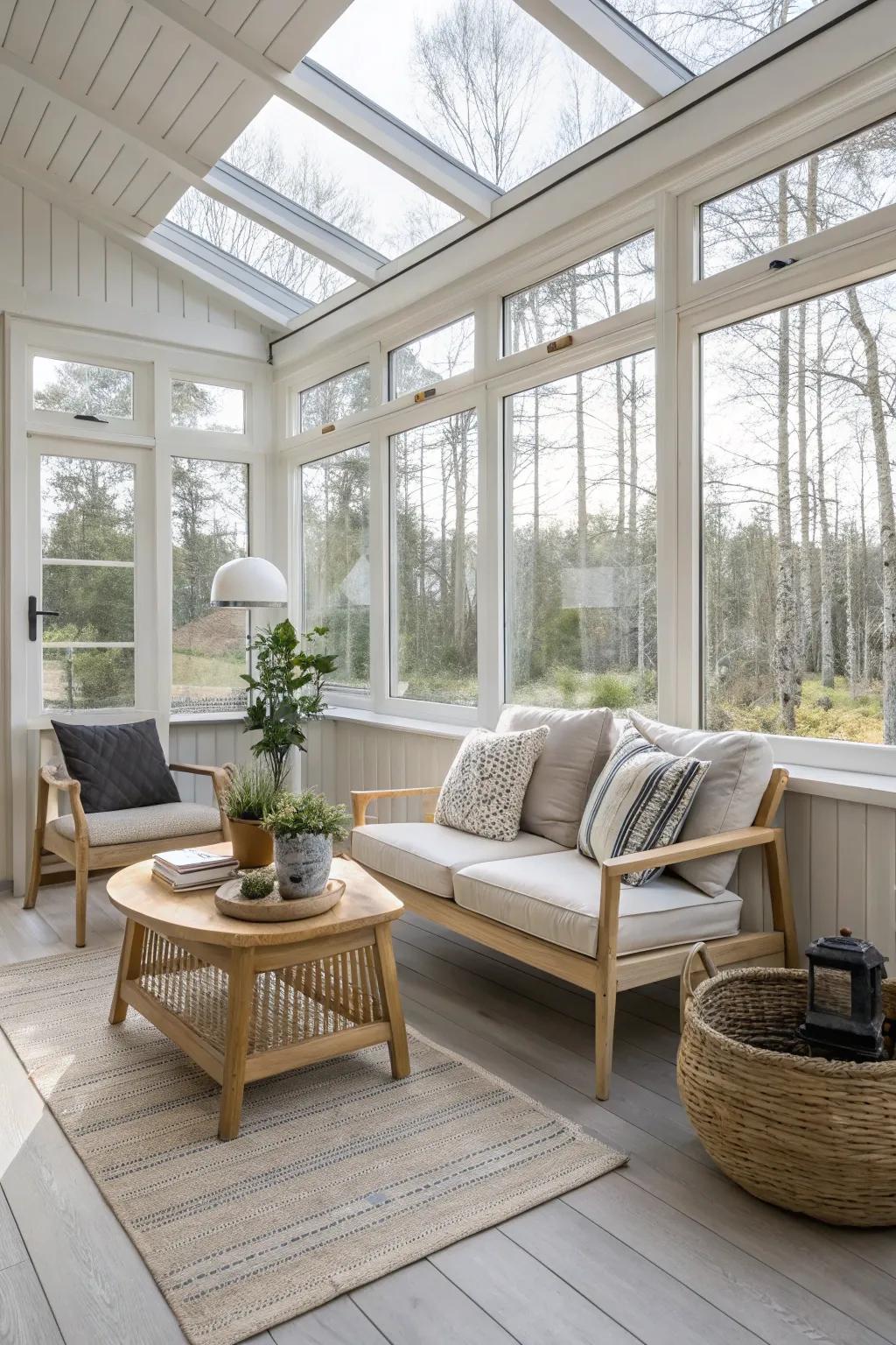Nordic understatement bestows a tranquil atmosphere upon this sunroom.