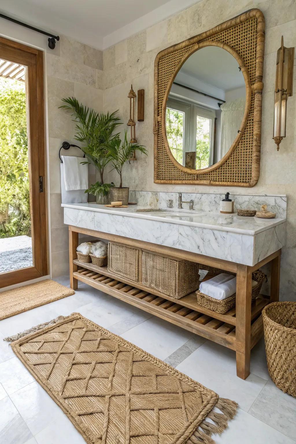 A bathroom showcasing a blend of textures with marble and cane elements.