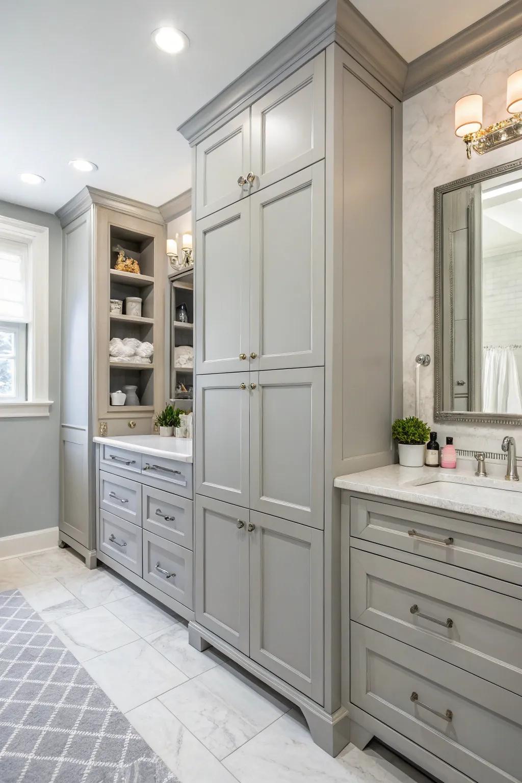 Functional storage assists in maintaining an organized and clutter-free bathroom.
