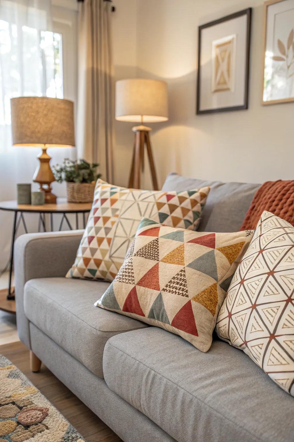 Geometric patterns add a playful element to the living room.