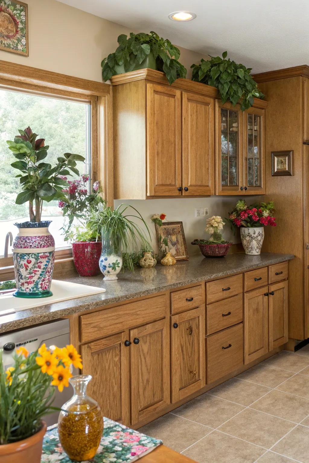 Decorative items contribute individuality and warmth to cooking spaces with timber vanities.