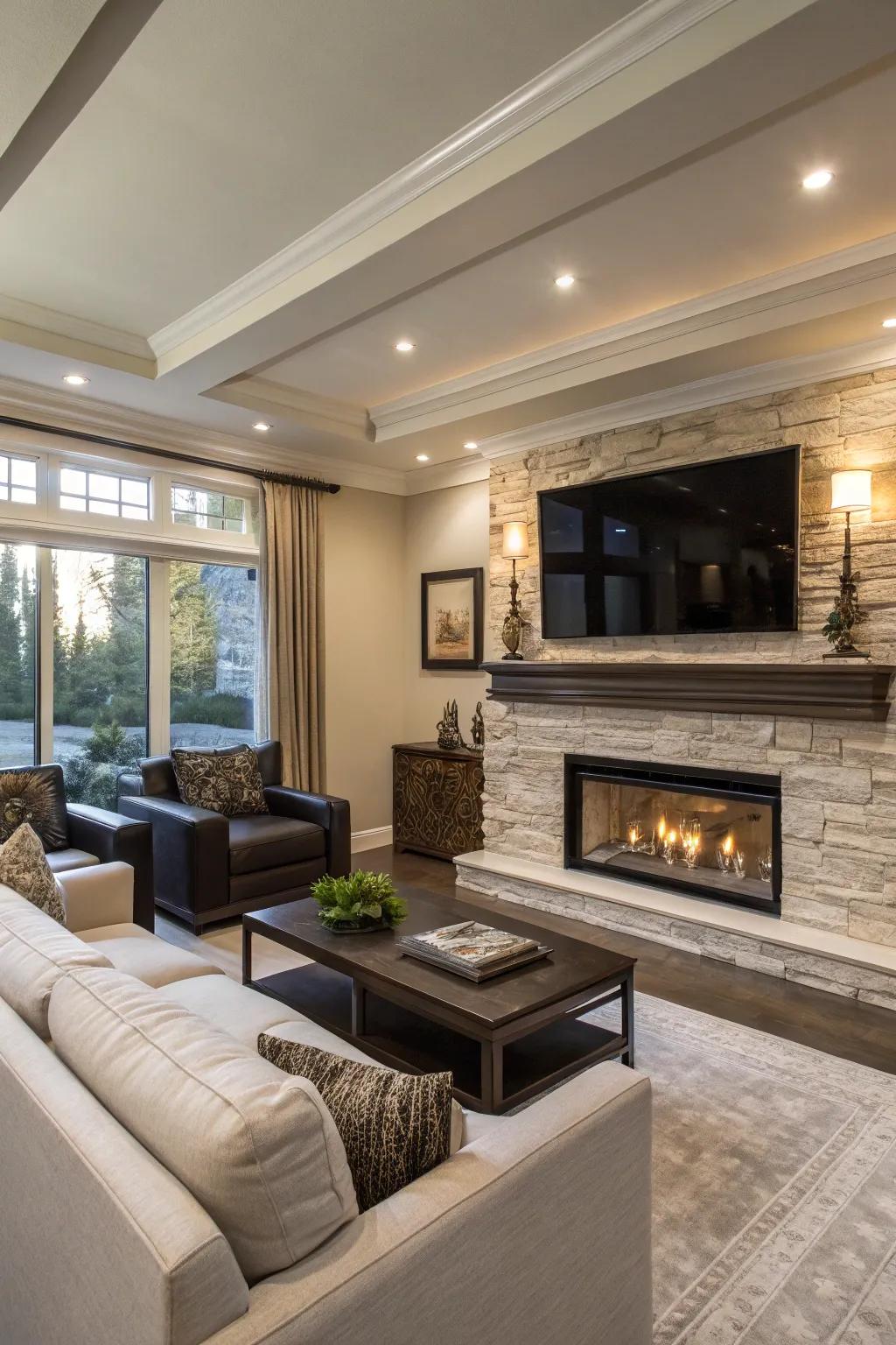 A hearth and TV establish a vibrant central attraction.