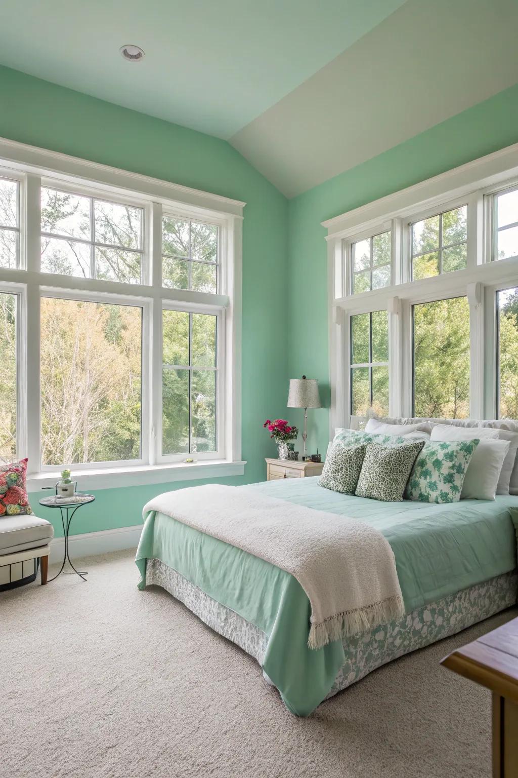 An airy and open seafoam serenity bedroom.