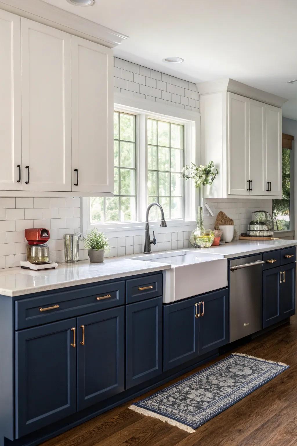 Two-color cabinets make the kitchen look more interesting.