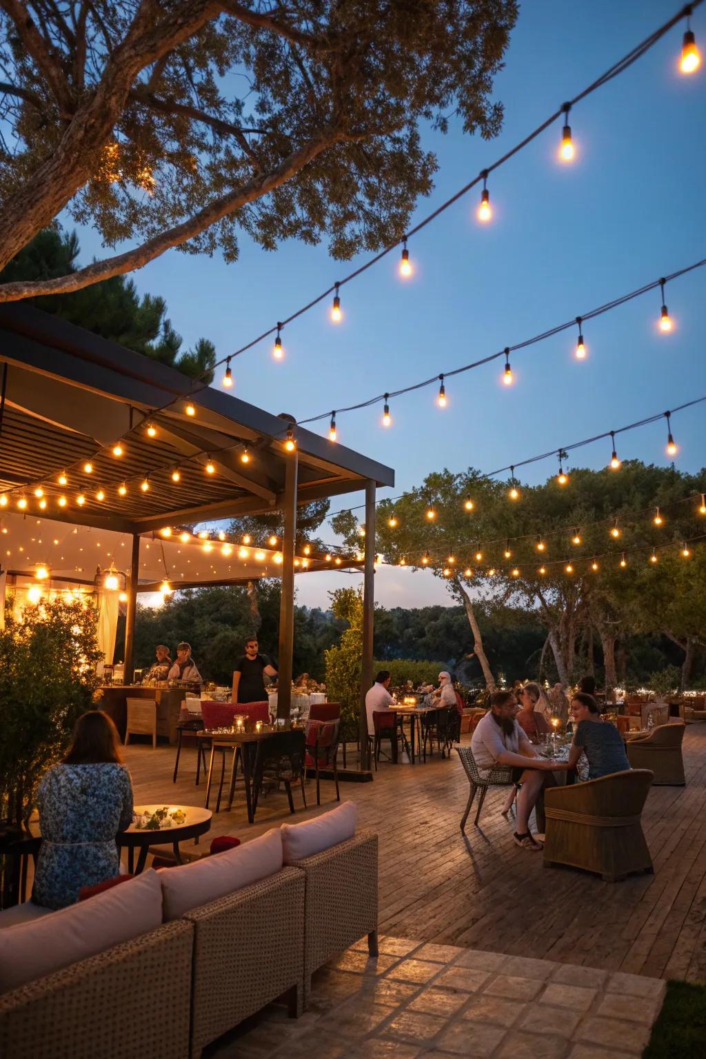 Decorative lights impart a magical touch to this outdoor bar setting.