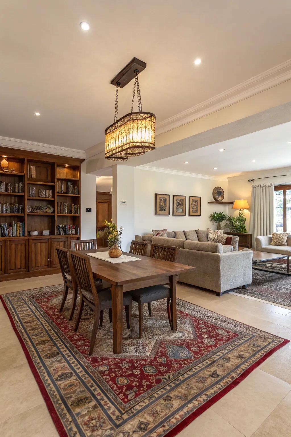 Rugs can help define separate areas in open-plan spaces.