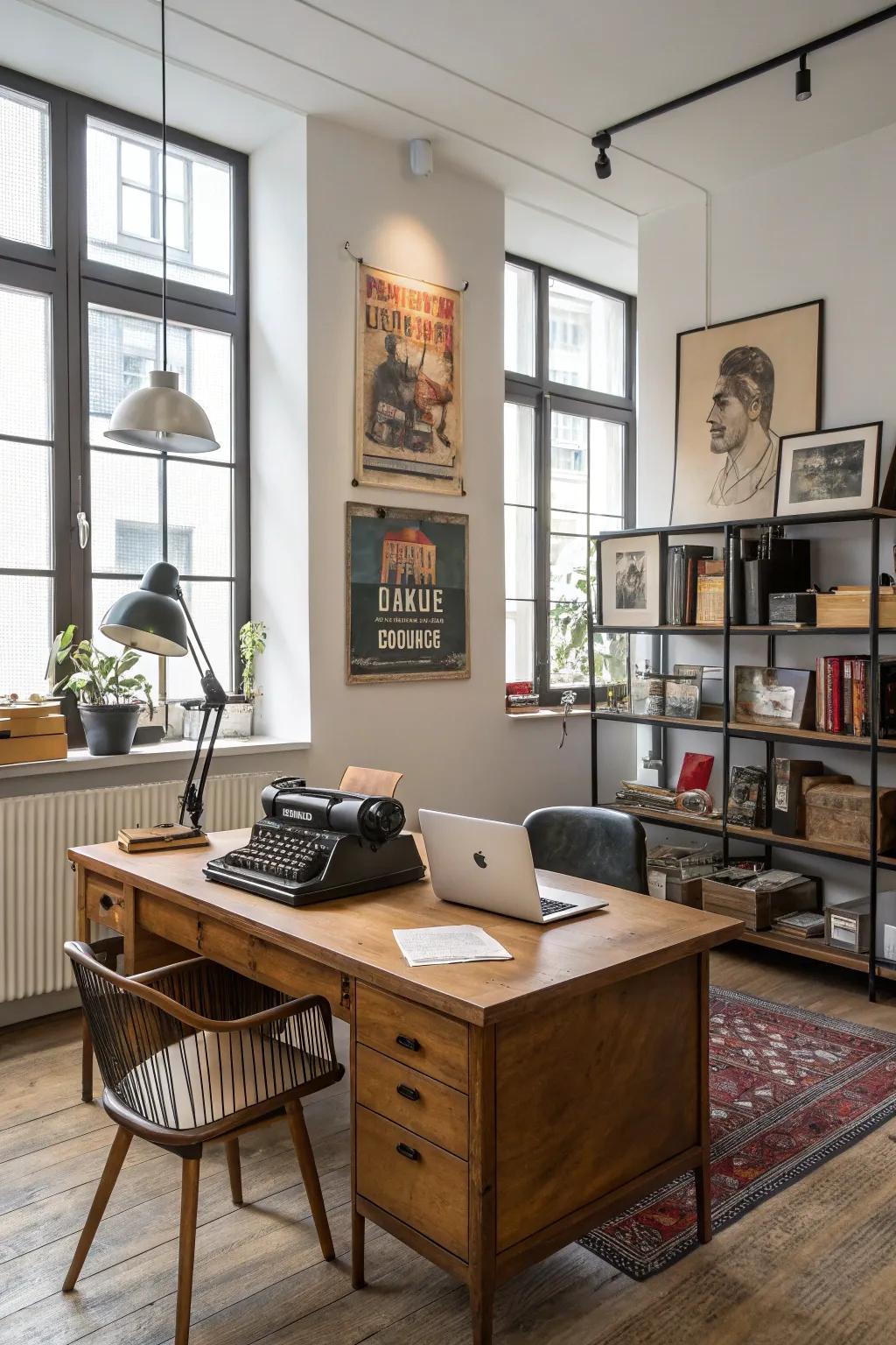 A mix of old and new items creates a unique and balanced office space.