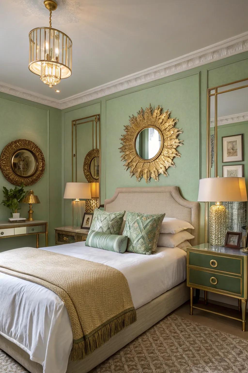 Soft green and gold generate a sophisticated and warm ambiance.