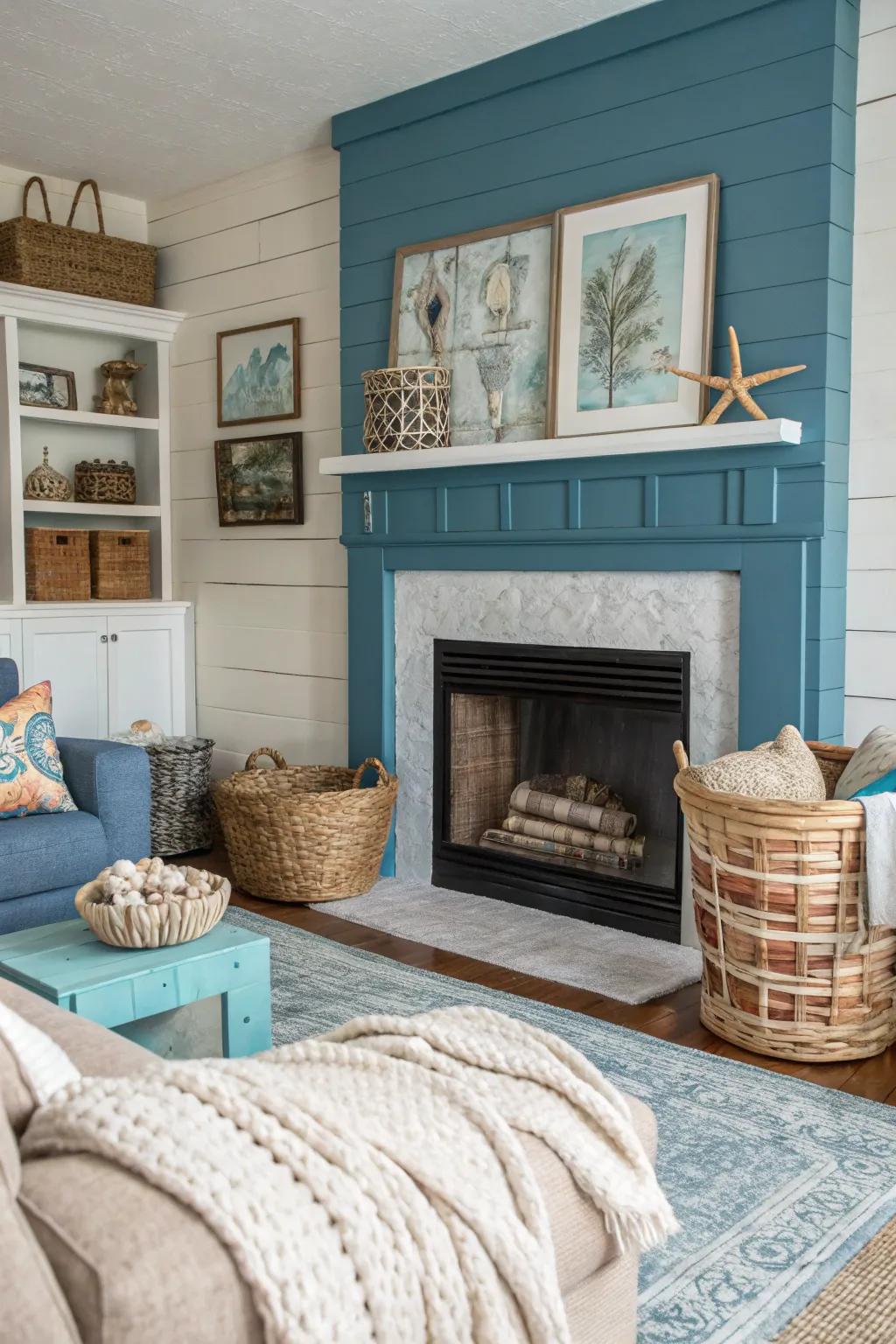 A marine blue shiplap fireplace with coastal decor.