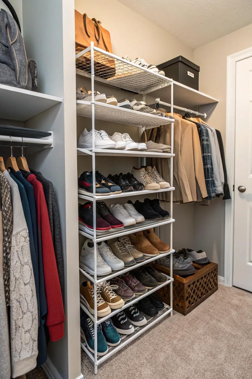 Tiered racks efficiently increase shoe storage capabilities.