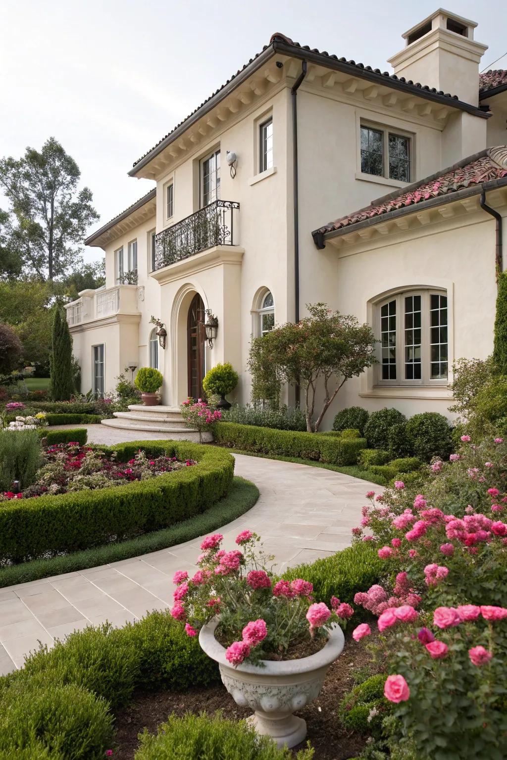 Rose tan stucco home with inviting elegance.