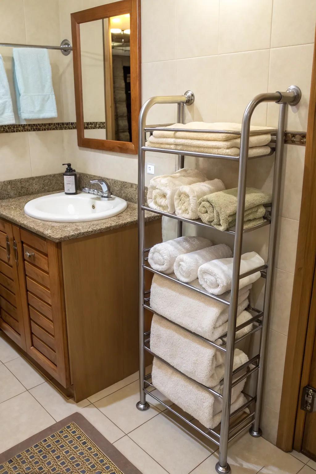 Maximize space with a corner towel rack.