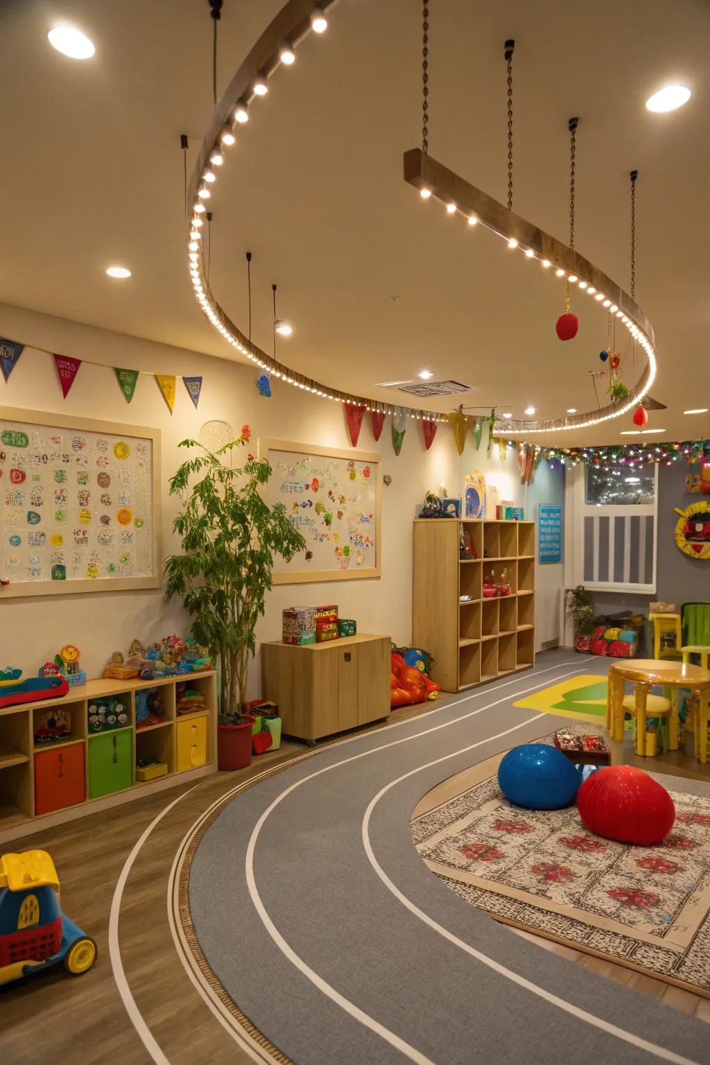 A children's room is playful and features curved track lighting.